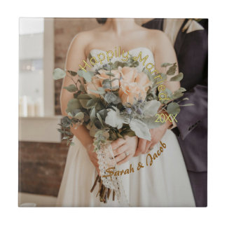 HAPPILY MARRIED YELLOW GREEN PASTEL BROWN PHOTO YE CERAMIC TILE