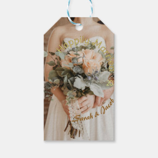 HAPPILY MARRIED YELLOW GREEN PASTEL BROWN PHOTO YE GIFT TAGS
