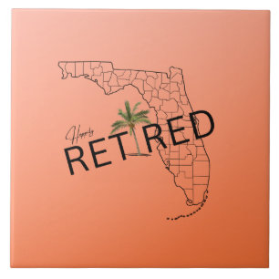 Happily Retired Florida Map and Tropical Palm Tree Ceramic Tile