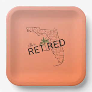 Happily Retired Florida Map and Tropical Palm Tree Paper Plate