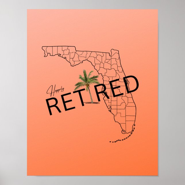 Happily Retired Florida Map and Tropical Palm Tree Poster (Front)