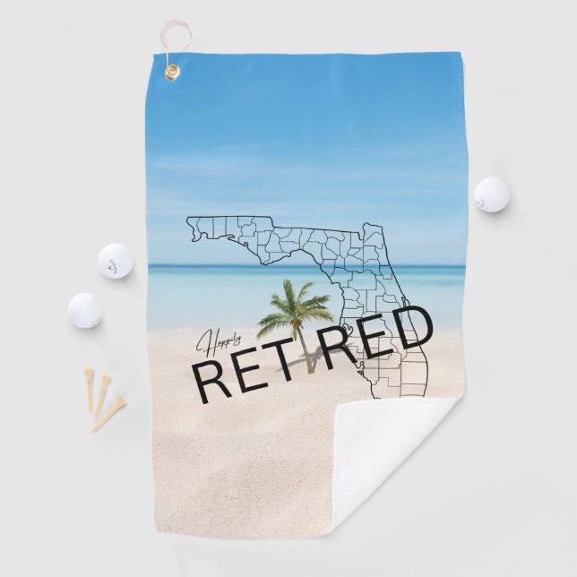 Happily Retired Florida Tropical Beach & Palm Tree Golf Towel (InSitu)