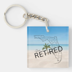 Happily Retired Florida Tropical Beach & Palm Tree Key Ring