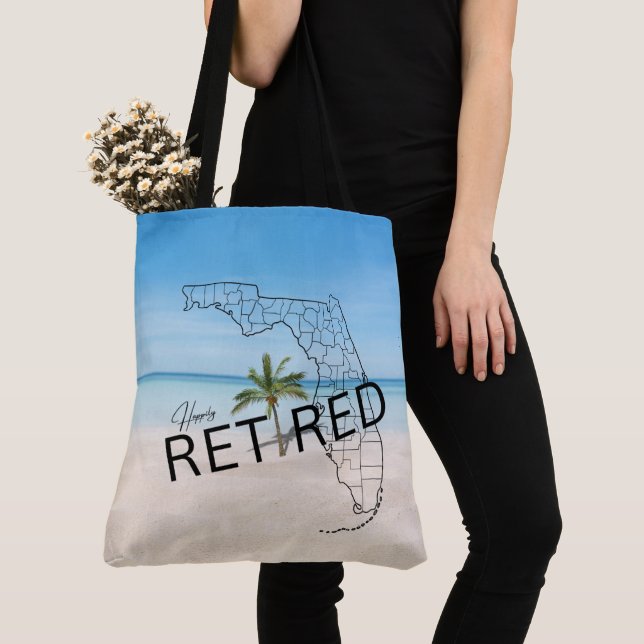 Happily Retired Florida Tropical Beach & Palm Tree Tote Bag (Close Up)