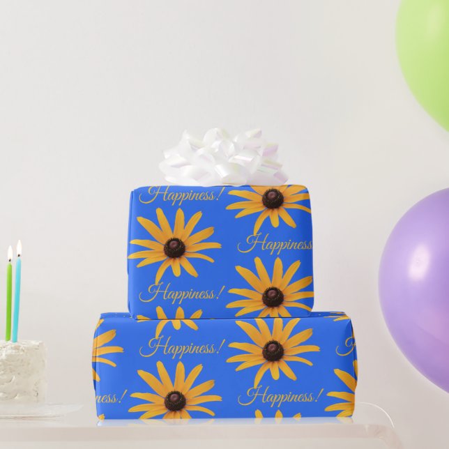 "Happiness" Bright Sun Yellow Flowers, Royal Blue  Wrapping Paper (Party Gifts)