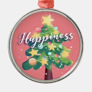 Happiness Carton Christmas Tree Pink  Metal Ornament