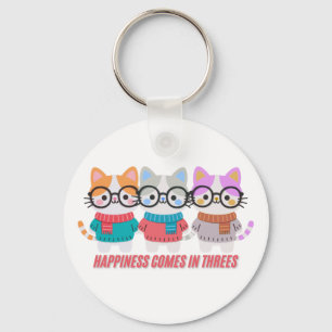 Happiness Comes in Threes Cute Cat Trio Tee Key Ring