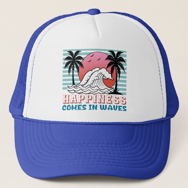 Happiness Comes in Waves Retro Beach  Trucker Hat (Front)
