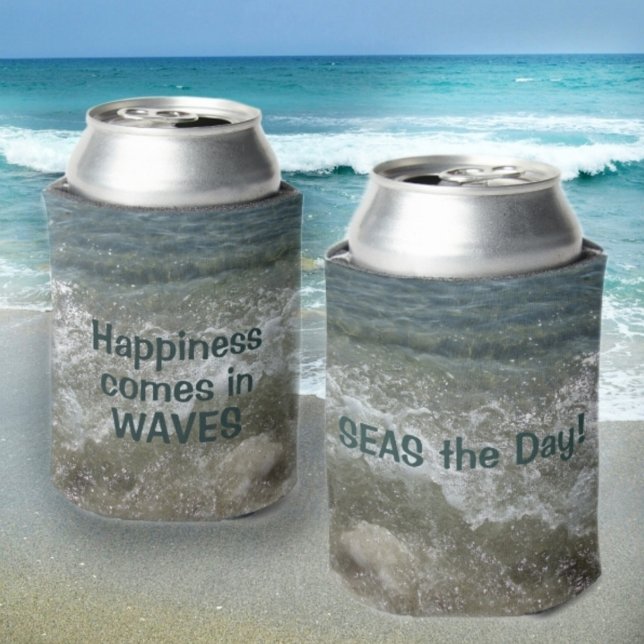Happiness Comes in Waves Seas the Day Beach Can Cooler (Creator Uploaded)