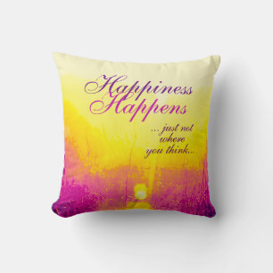 "Happiness Happens" Yellow, Magenta Design Cushion