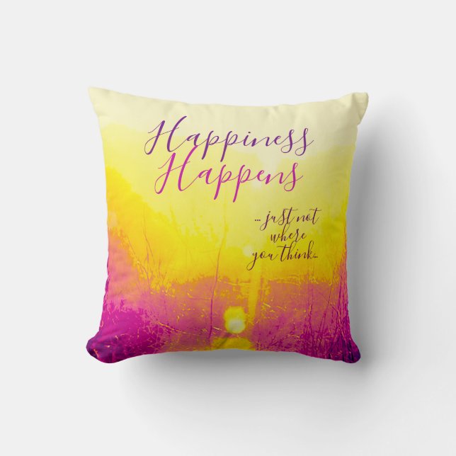"Happiness Happens" Yellow, Magenta Motif Cushion (Front)