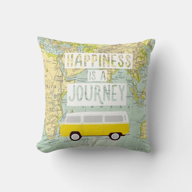 Happiness is a journey, car, world map cushion (Front)