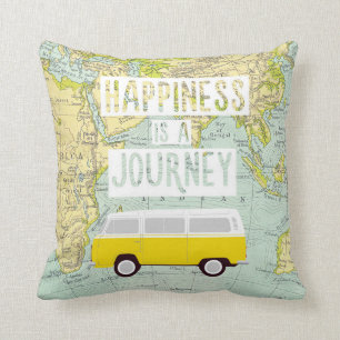 Happiness is a journey, car, world map cushion