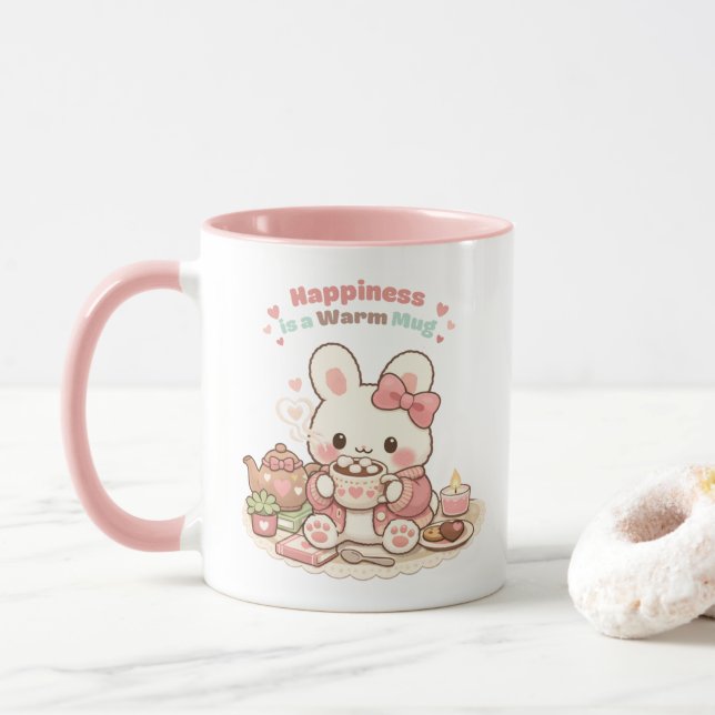Happiness is a Warm Mug Cute Bunny Rabbit Pink (With Donut)