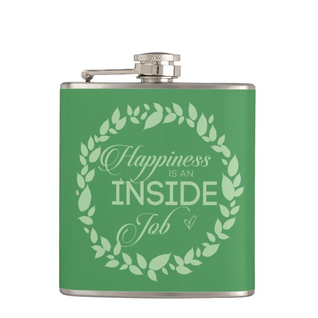 Happiness Is An Inside Job Green Wreath Hip Flask (Front)