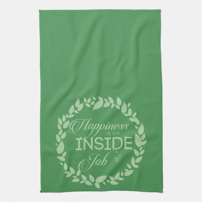 Happiness Is An Inside Job Green Wreath Tea Towel (Vertical)