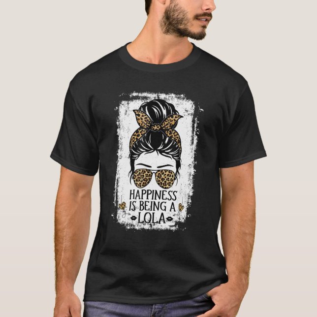Happiness Is Being A Lola Women Messy Bun Leopard  T-Shirt (Front)