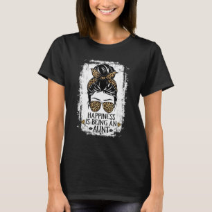 Happiness Is Being An Aunt Women Messy Bun Leopard T-Shirt