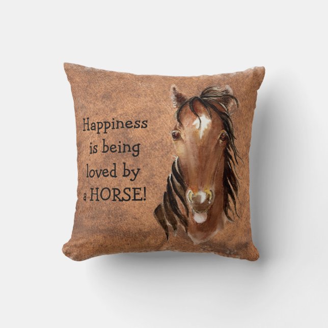 Happiness is being loved by a HORSE Leather look Cushion (Front)