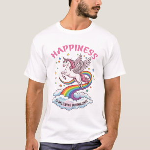 Happiness Is Believing Unicorns Rainbow Clouds T-Shirt