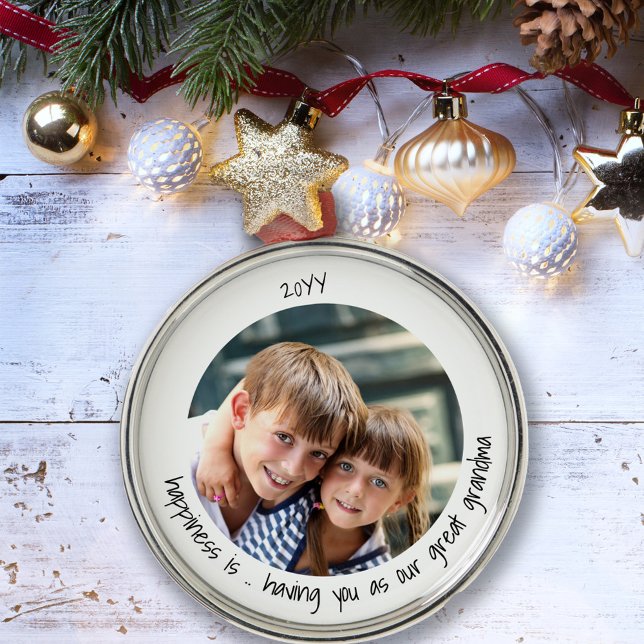 Happiness is Having You Great Grandma Cute Photo Metal Ornament (Creator Uploaded)
