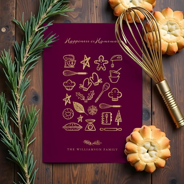 Happiness Is Homemade Gold Burgundy Baking Recipe Holiday Card (Happiness Is Homemade Gold Burgundy Baking Recipe Holiday Card)