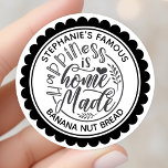 Happiness Is Homemade Vintage Personalised Label<br><div class="desc">Happiness Is Homemade Vintage Personalised Label Sticker. This custom design features a round scallop frame with the typography quote "Happiness is Homemade". Personalise this custom design with your own name. Perfect label for homemade food,  gifts,  or beauty products.</div>