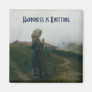 Happiness is Knitting painting of a girl Magnet
