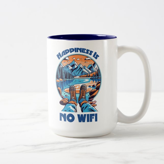 Happiness Is No Wifi Hiking Boots Two-Tone Coffee Mug (Right)