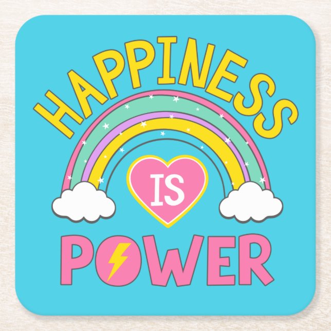 Happiness is Power Rainbow Square Paper Coaster (Front)