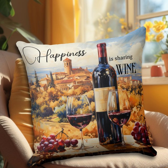 Happiness Italian Landscape Wine Art Cushion (An artistic design pillow featuring an Italian fantasy landscape painting with red wine.)