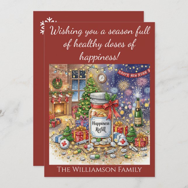 Happiness Refill Pharmacy Nurse Christmas New Year Invitation (Front/Back)