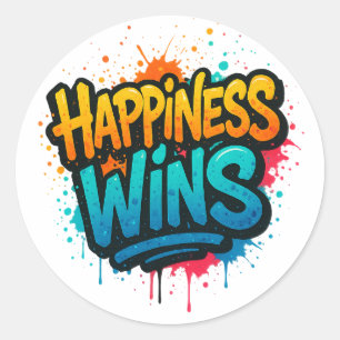 Happiness Wins Graffiti Design Classic Round Sticker