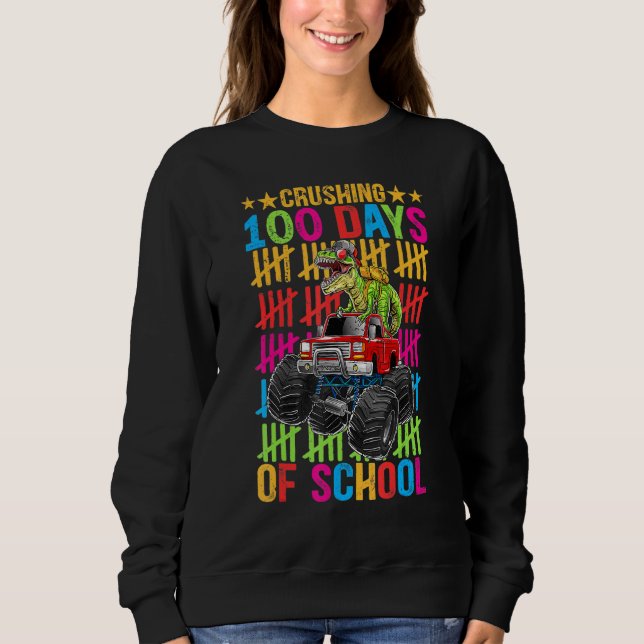 Happy 100 Days Of School  Boys Dino Monster Truck Sweatshirt (Front)