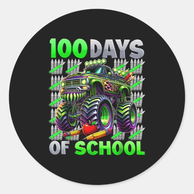 Happy 100 Days Of School Funny Monster Truck Stude Classic Round Sticker (Front)