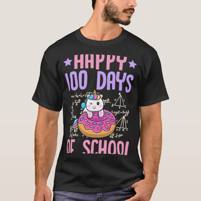 Happy 100 Days Of School Unicorn Donut Math Teache T-Shirt (Front)