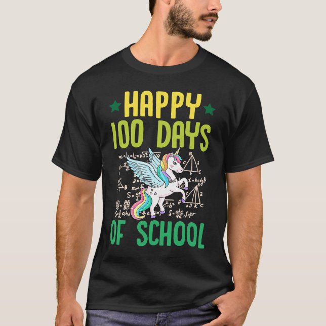 Happy 100 Days Of School Unicorn Pegasus Math Teac T-Shirt (Front)