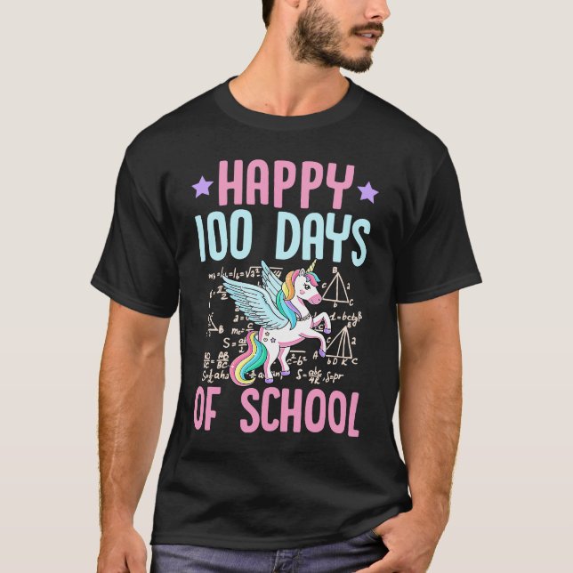 Happy 100 Days Of School Unicorn Pegasus Math Teac T-Shirt (Front)