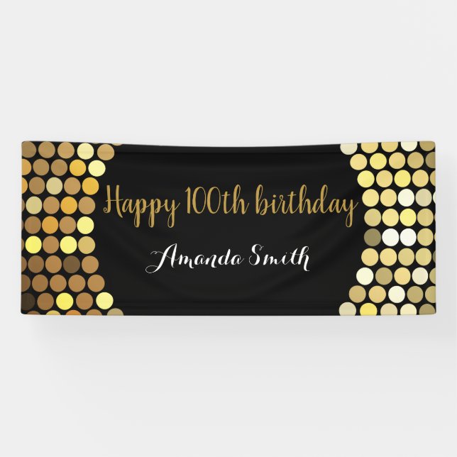 Happy 100th Birthday Banner Black and Gold Glitter (Horizontal)