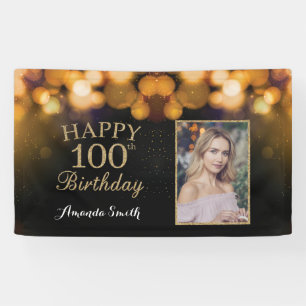 Happy 100th Birthday Banner. Gold Glitter Photo Banner