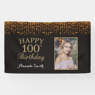 Happy 100th Birthday Banner. Gold Glitter Photo Banner