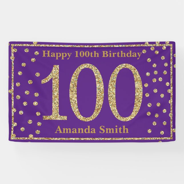 Happy 100th Birthday Banner Purple Gold Glitter (Horizontal)