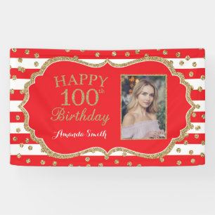 Happy 100th Birthday Banner Red Gold Glitter Photo