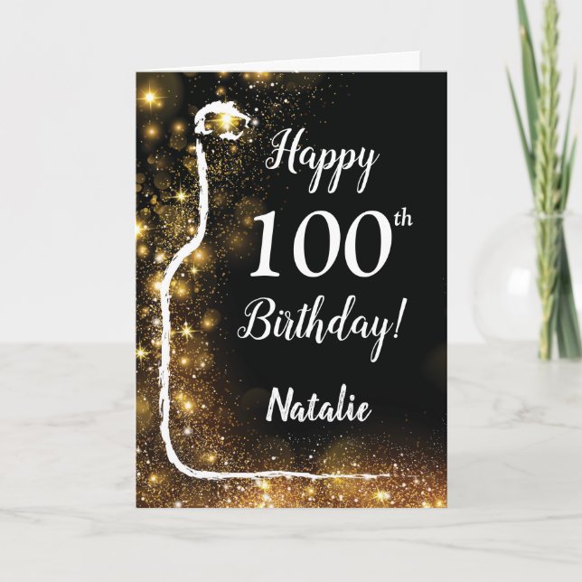 Happy 100th Birthday Black and Gold Glitter Wine Card (Front)