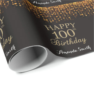 Happy 100th Birthday Black and Gold Glitter Wrapping Paper