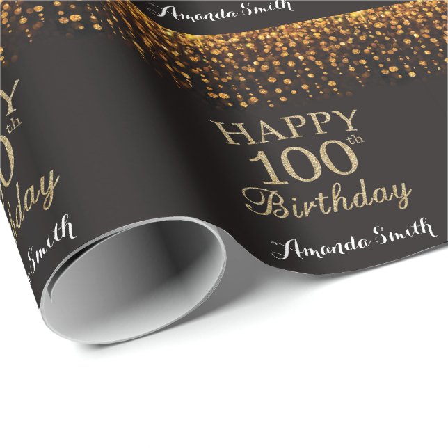 Happy 100th Birthday Black and Gold Glitter Wrapping Paper (Roll Corner)