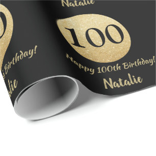 Happy 100th Birthday Black and Gold Glitter Wrapping Paper