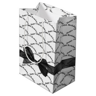 Happy 100th Birthday Black Bow On White Medium Gift Bag