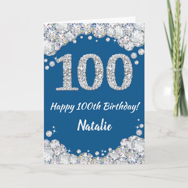 Happy 100th Birthday Blue and Silver Glitter Card (Front)