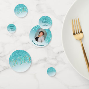Happy 100th Birthday Chic Teal Blue Glitter Confetti